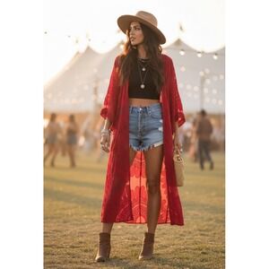 Sheer Knit Boho Kimono Womens XL Red Boho Chic Hippie Festival Stagecoach Gothic